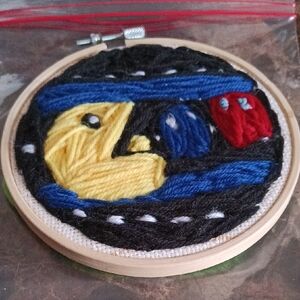 Handcrafted Pac-man EmbroideryWhite Background 5" Hoop Included Wall Art